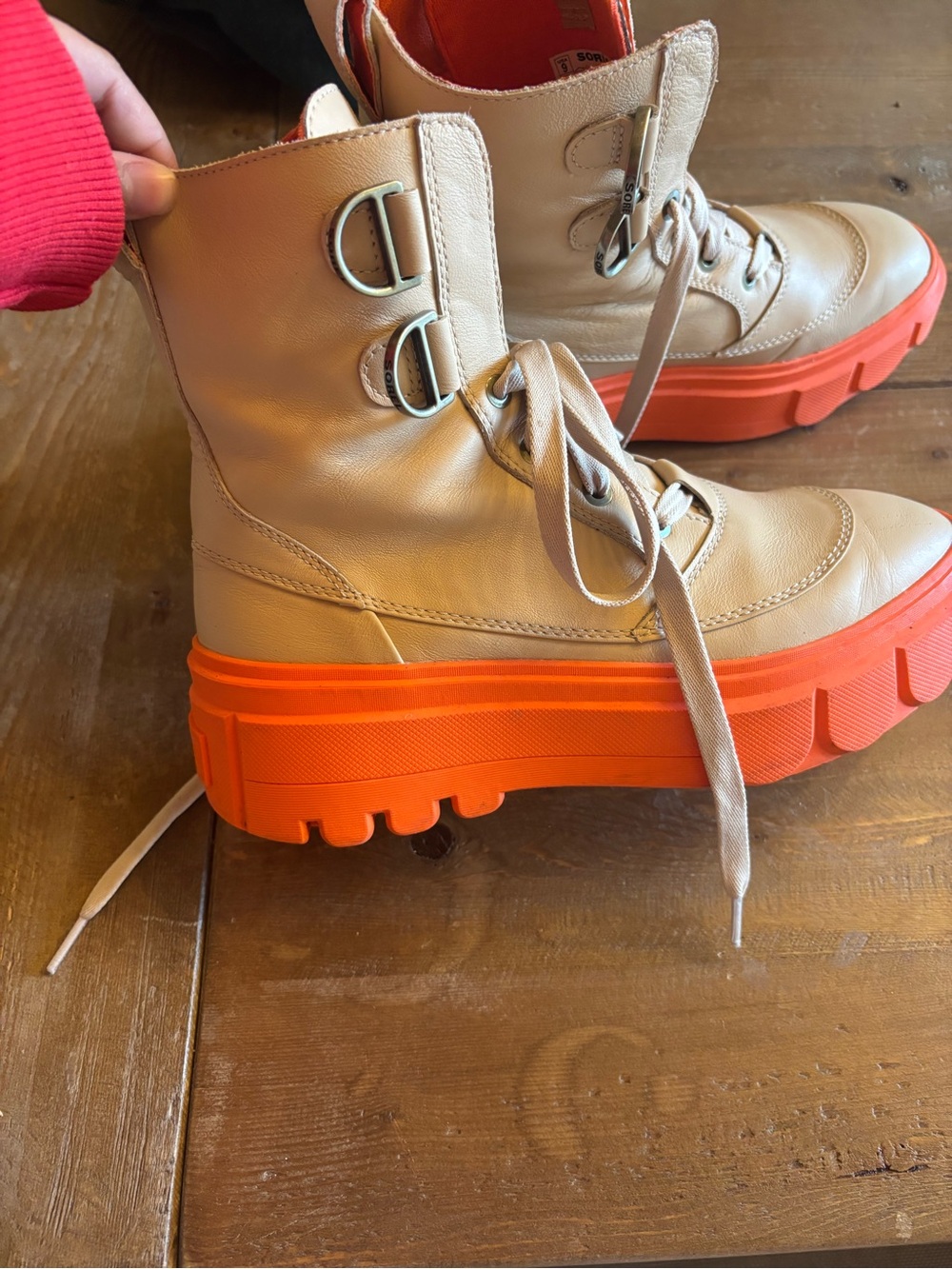 Sorel Lace-Up Platform Boots in Cream and Bright Orange - Picture 4 of 6